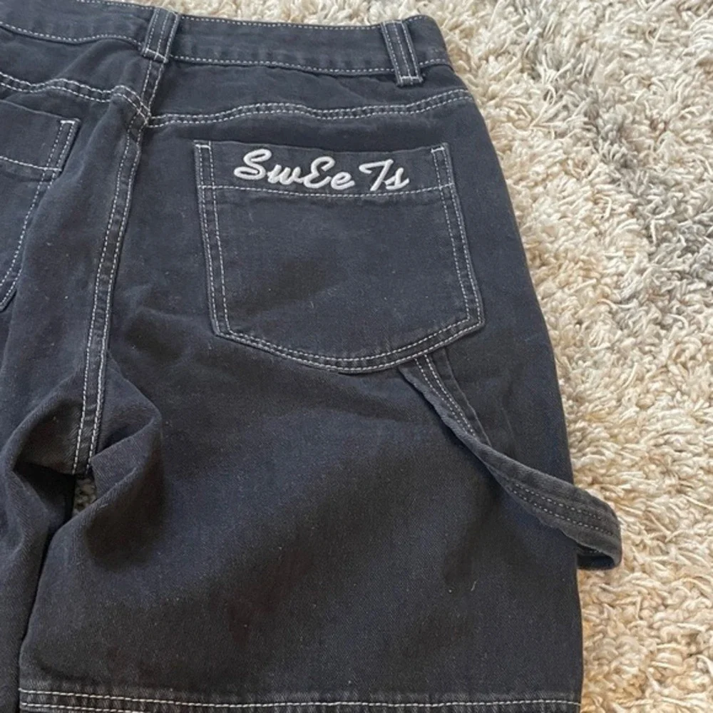 Black Contrast‎ Stitch Carpenter Pants Wide Leg High Waist Size L
